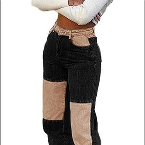 Women Patchwork Jeans High Waisted Straight Leg Stretch Denim Pants Girls